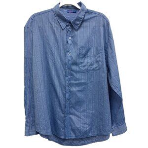Fresh Produce Womens Shirt Large Blue Pinstripes Lagenlook Oversized Long Sleeve